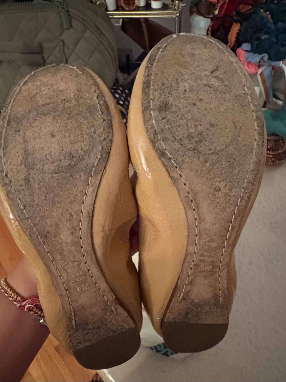 Tory Burch Camel Leather Logo Ballet Flats with Gold Medallion